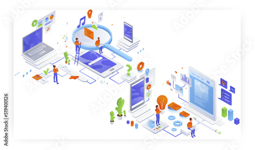 Information searching and website page content creation, flat vector isometric illustration.