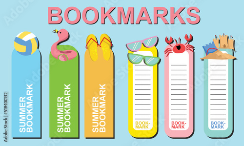 Vector set of bookmarks for children with summer theme. Cute flamingo float, volley ball, sandal, crab, sunglasses and sand castle. Vertical layout card templates. Stationery for kids