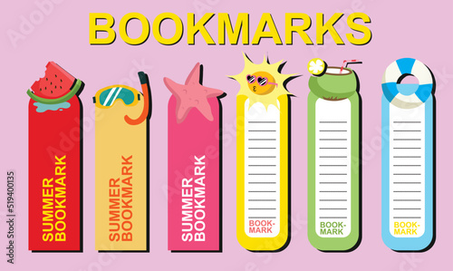 Vector set of bookmarks for children with summer theme. Cute watermelon, scuba, starfish, sun, coconut and float. Vertical layout card templates. Stationery for kids