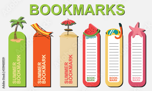 Vector set of bookmarks for children with summer theme. Cute coconut tree; beach chair, beach umbrella, parasol, watermelon, scuba and starfish. Vertical layout card templates. Stationery for kids