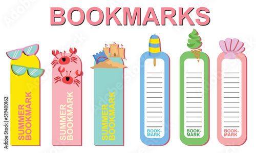 Vector set of bookmarks for children with summer theme. Cute sunglasses, crab, sandcastle, ice creams and clam. Vertical layout card templates. Stationery for kids