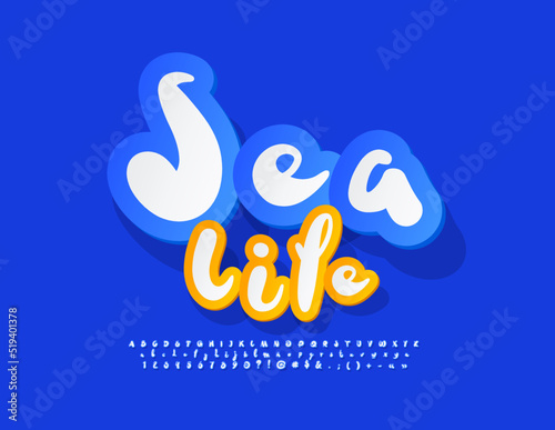 Vector modern emblem Sea Life. Handwritten Blue sticker Font. Artistic Alphabet Letters and Numbers set