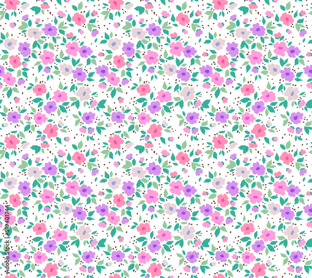 Trendy seamless vector floral pattern. Endless print made of small pink and lilac flowers. Summer and spring motifs. White background. Stock vector illustration.