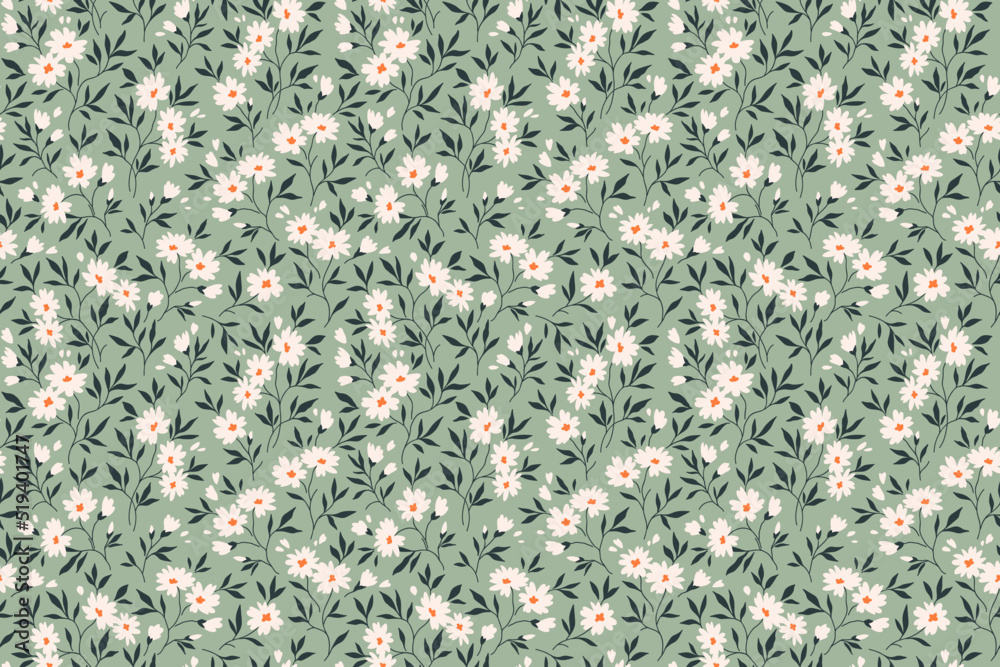 Trendy seamless vector floral pattern. Endless print made of small white flowers. Summer and spring motifs. Gray blue green background. Stock vector illustration.
