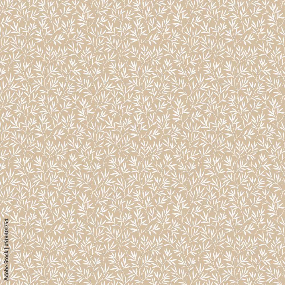 Seamless pattern with leaves. Branches and leaves. Beige ivory background. Cute pattern with white leaves. Floral endless pattern plants. Elegant the template for fashion prints. Vector texture.