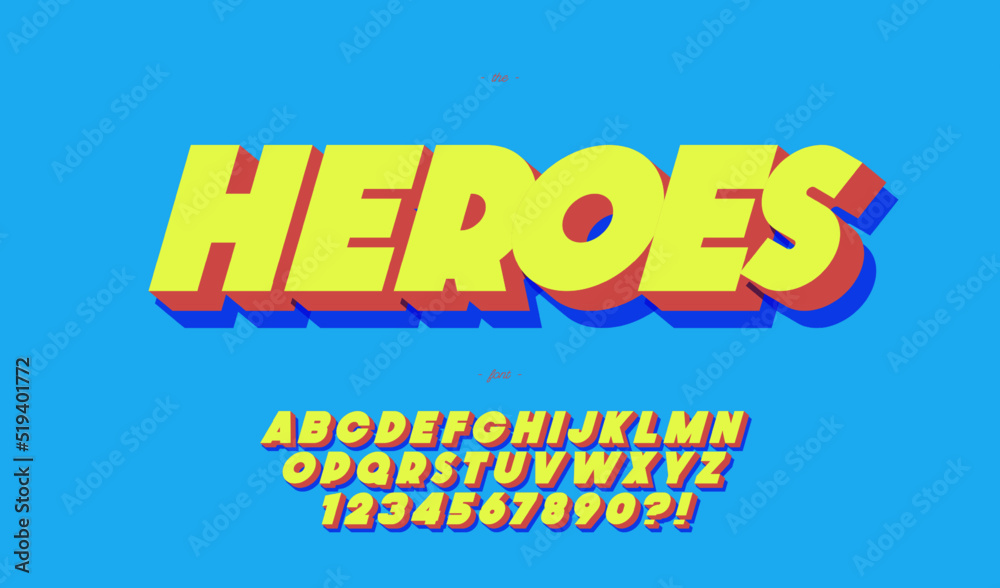 Heroes vector font 3d bold style trendy typography for event, poster, decoration, motion, video, game, t shirt, book, banner, printing. Cool typeface. Modern alphabet. 10 eps