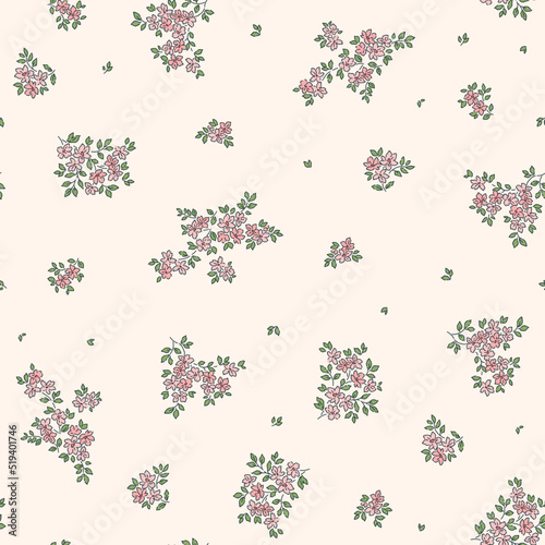 Cute seamless vector floral pattern. Endless print made of small pink flowers. Summer and spring motifs. Ivory background. Stock vector illustration.