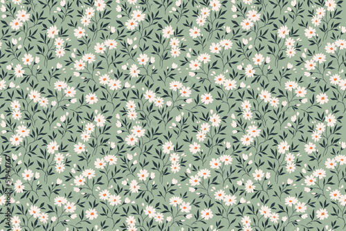Trendy seamless vector floral pattern. Endless print made of small white flowers. Summer and spring motifs. Gray blue green background. Stock vector illustration.