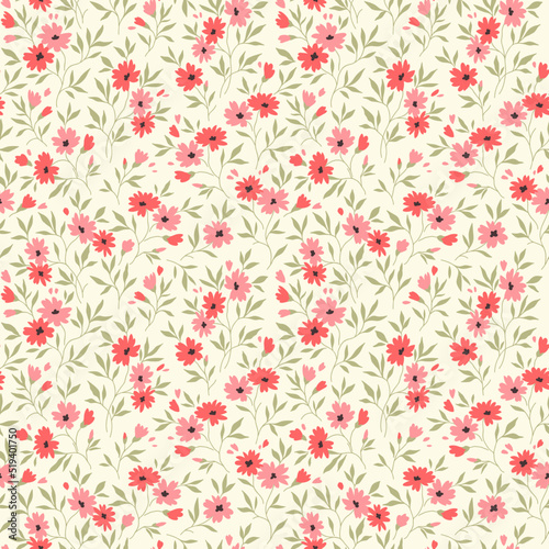 Cute seamless vector floral pattern. Endless print made of small red flowers. Summer and spring motifs. White background. Stock vector illustration.