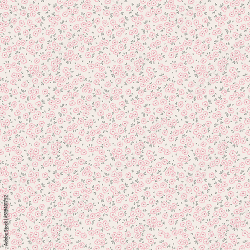 Beautiful floral pattern in small abstract flowers. Small pink flowers. White ivory background. Ditsy print. Floral seamless background. The elegant the template for fashion prints. Stock pattern.