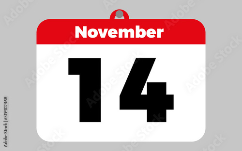 November, 14. White and red calendar.