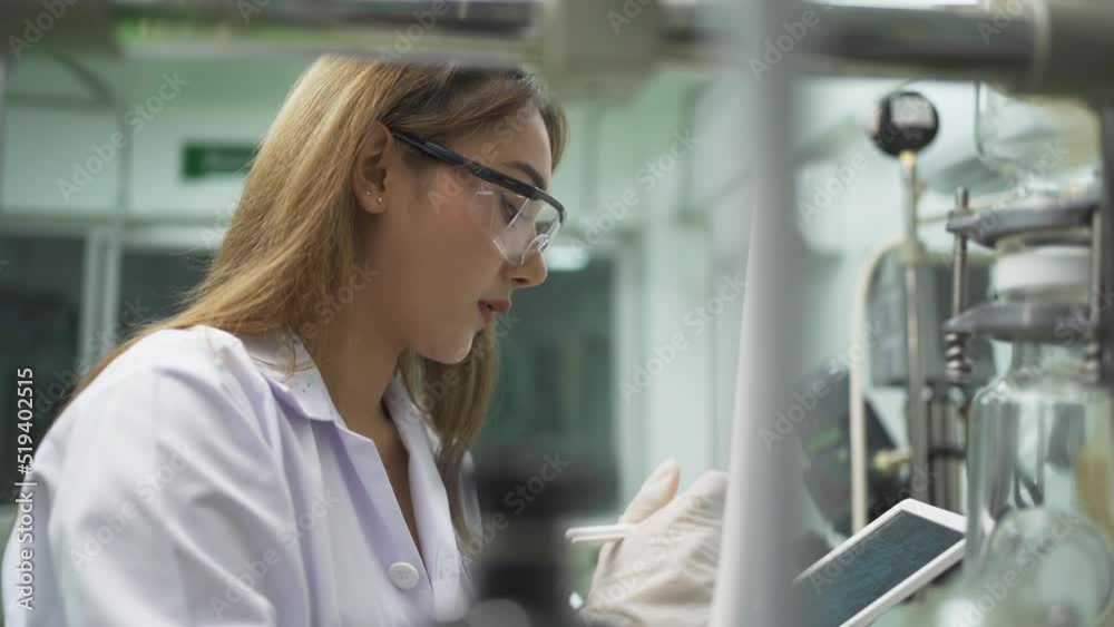 A scientist woman working in marijuana or cannabis farm lab to analysis and develop product in laboratory in technology medical, chemistry, healthcare, research concept. Experimental science. People.