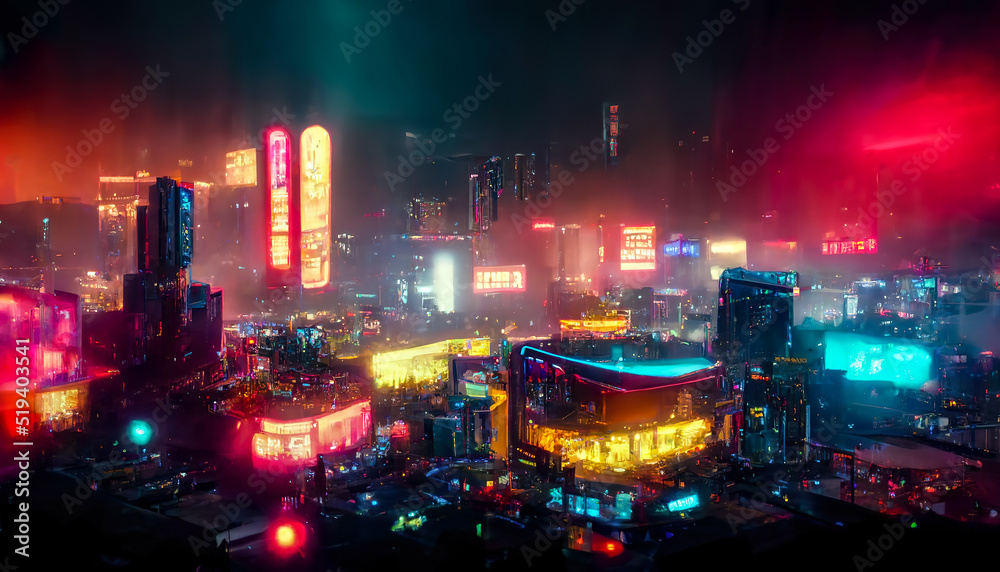 Night city, neon lights of the metropolis. Reflection of neon lights in the water. Modern city