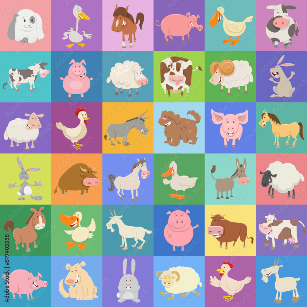 background design with funny cartoon farm animal characters background design with funny cartoon farm animal characters