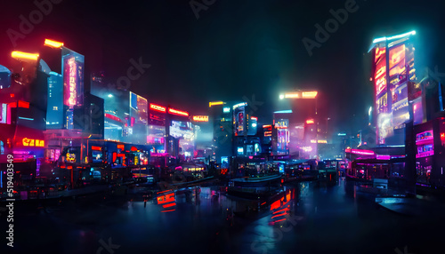 Night city, neon lights of the metropolis. Reflection of neon lights in the water. Modern city with high-rise buildings. Night street scene, city on the ocean. 3D illustration. © MiaStendal