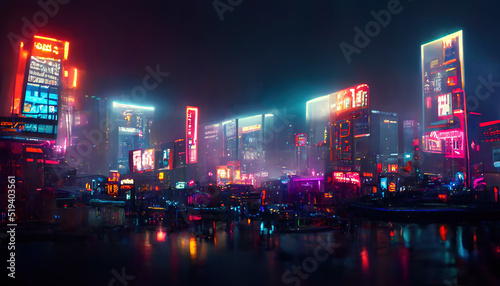 Night city, neon lights of the metropolis. Reflection of neon lights in the water. Modern city with high-rise buildings. Night street scene, city on the ocean. 3D illustration.