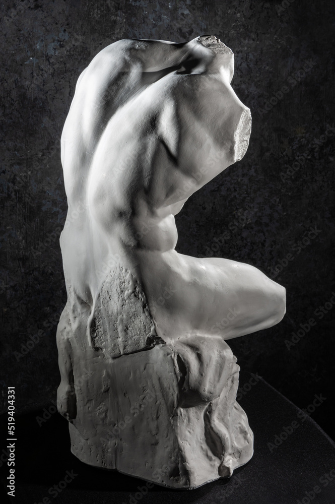 Gypsum copy of Belvedere Torso statue for artists. Replica of famous ancient Greek fragmentary marble sculpture of a male nude from Vatican Museums. Template design for art, dj, fashion, poster, zine. - obrazy, fototapety, plakaty 