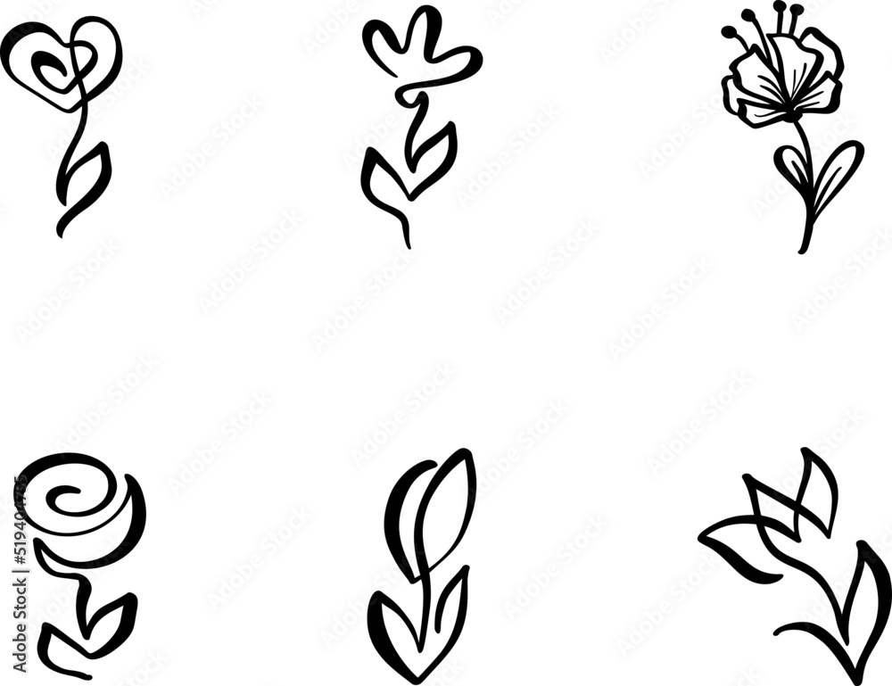 Set of Continuous Line art Drawing Vector Calligraphic Flower logo. Black Sketch icon of Plants Isolated on White Background. One Line Illustration Minimalist Prints