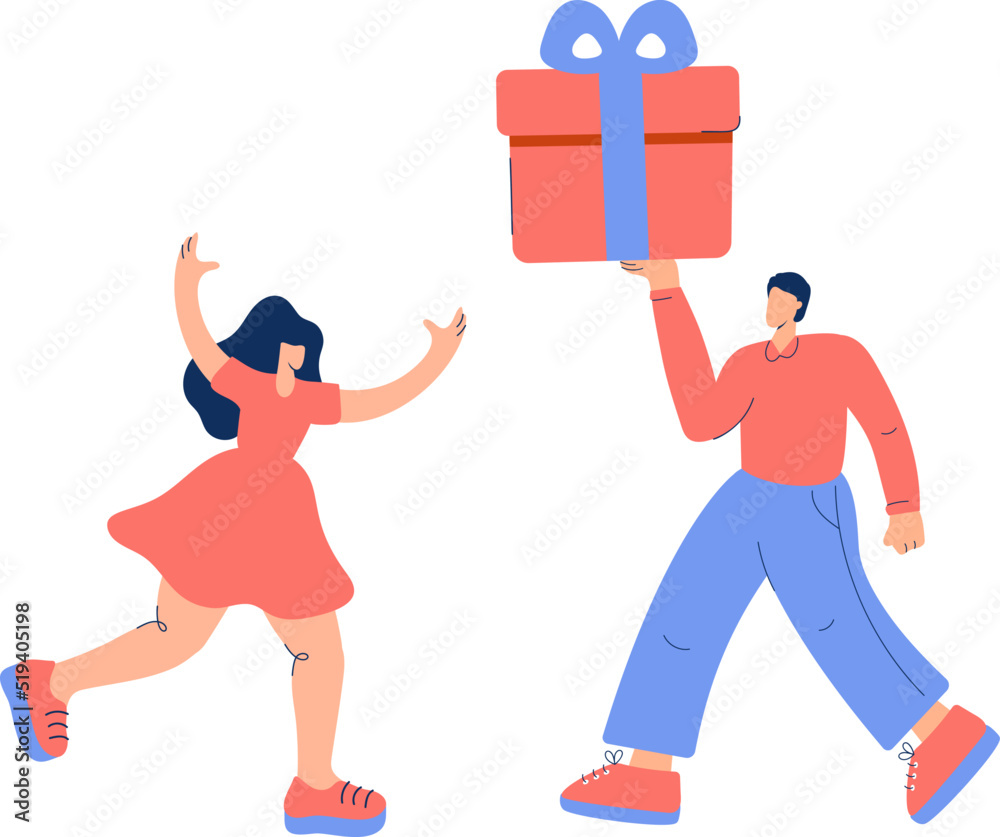 Young man giving a gift to his girlfriend or friend. Couple in love. Concept for Birthday, Valentines Day or Holidays. Flat vector illustration on white background Young man giving a gift to his girlfriend or friend. Couple in love. Concept for Birthday, Valentines Day or Holidays. Flat vector illustration on white background