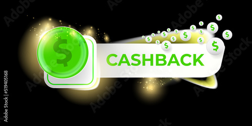 vector money cash back horizontal banner design template with cash back icon and coins isolated on modern black background. 3d cashback bonus or money refund label horizontal banner