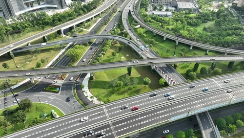 busy traffic road with city skyline in hangzhou china