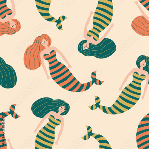 Cute beautiful swimming mermaids hand drawn vector illustration. Colorful mythical sea nymphs seamless pattern for kids fabric or wallpaper.