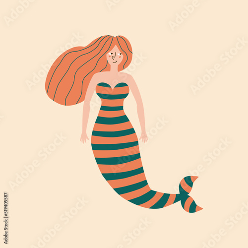 Cute beautiful mermaid with ginger hair hand drawn vector illustration. Isolated cheerful redhead nymph in flat style for kids logo or icon.