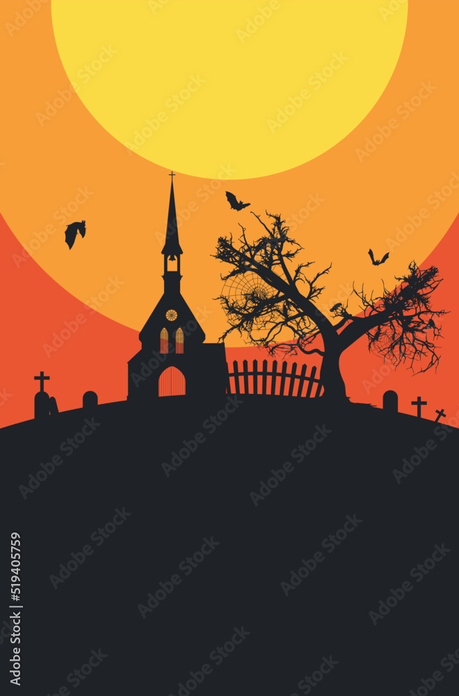 Church near spooky tree silhouette