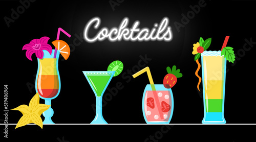 Vector cocktails with fruits on the table near neon 'Cocktail' sign on black. Drinks collection in cartoon style