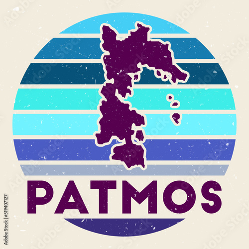 Patmos logo. Sign with the map of island and colored stripes, vector illustration. Can be used as insignia, logotype, label, sticker or badge of the Patmos.