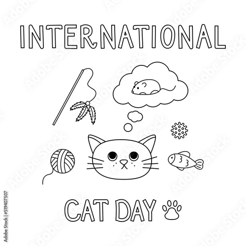 International Cat day vector lined postcard. Isolated linear cartoon cat dreaming about mouse toy on white