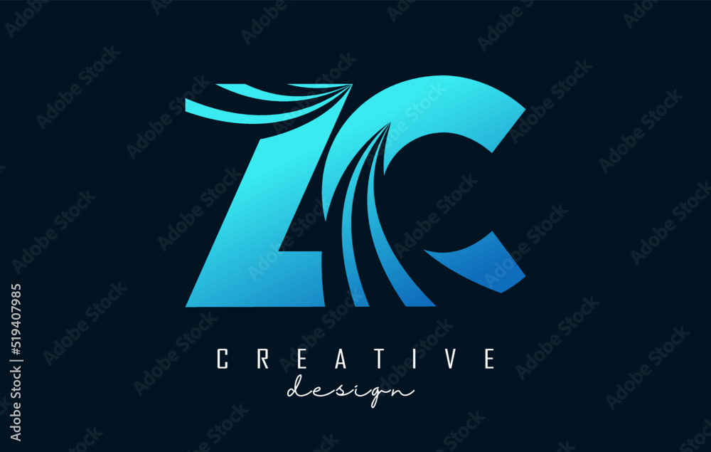 Creative blue letter ZC z c logo with leading lines and road concept design. Letters with geometric design. Vector Illustration with letter and creative cuts. - obrazy, fototapety, plakaty 