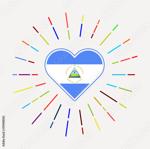Nicaragua heart with flag of the country. Sunburst around Nicaragua heart sign. Vector illustration.