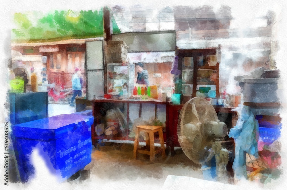 People and lifestyle activities in the morning of rural Thailand watercolor style illustration impressionist painting.
