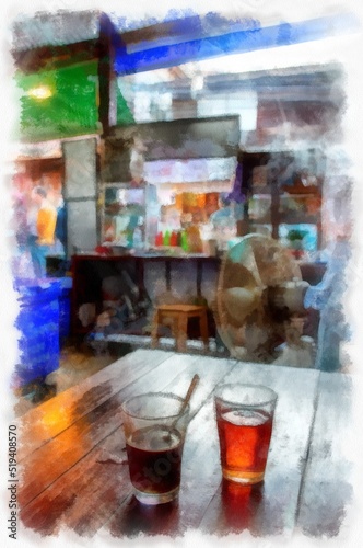 Antique coffee shop in the provinces of Thailand watercolor style illustration impressionist painting.