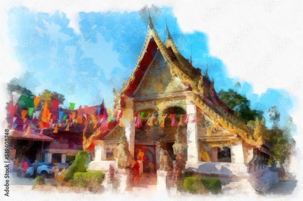 Ancient temples in the northeastern provinces of Thailand watercolor style illustration impressionist painting. Ancient temples in the northeastern provinces of Thailand watercolor style illustration impressionist painting.