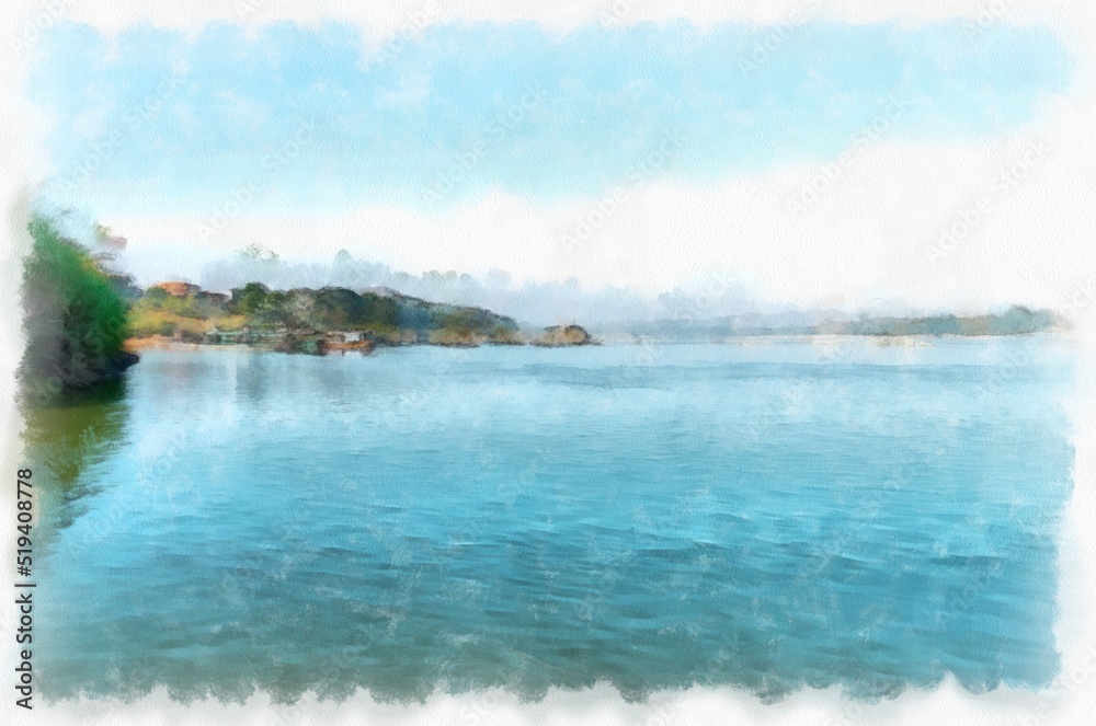 Fototapeta premium Mekong river landscape of Thailand watercolor style illustration impressionist painting.
