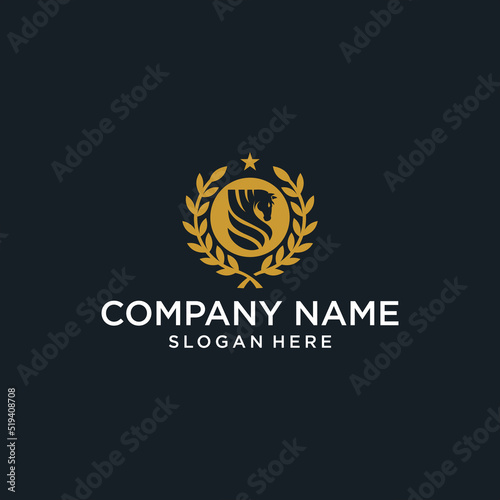 logo design with horse, surrounded by wheat wreath.