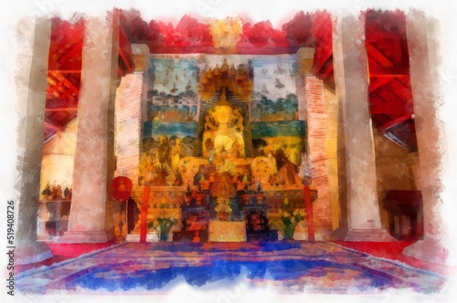 Ancient temples in the northeastern provinces of Thailand watercolor style illustration impressionist painting.