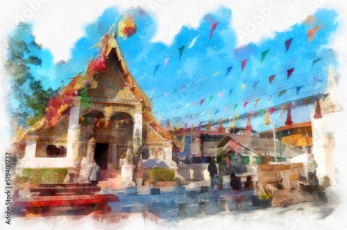 Ancient temples in the northeastern provinces of Thailand watercolor style illustration impressionist painting.