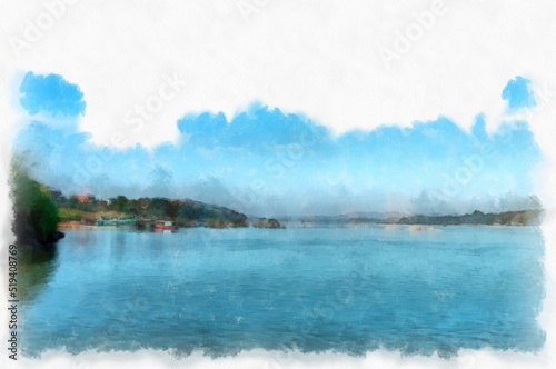 Mekong river landscape of Thailand watercolor style illustration impressionist painting.