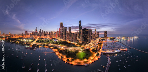 Aerial view of Lake Shore Drive and cityscape at sunset, Chicago, Illinois, USA photo