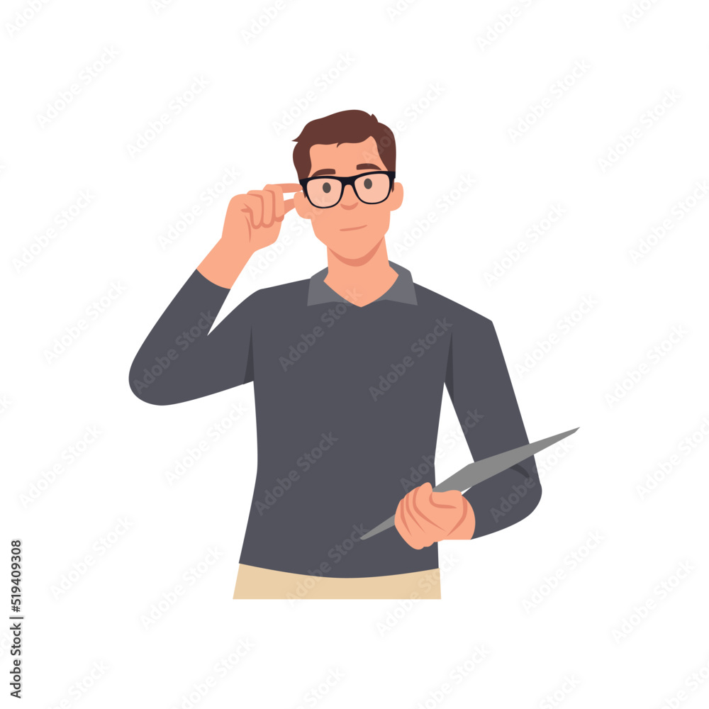 Young man touching his glasses and looking ahead. Flat vector illustration isolated on white background Young man touching his glasses and looking ahead. Flat vector illustration isolated on white background
