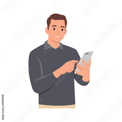 Young man is holding a smartphone. Person and gadget. Communication in the network. Vector illustration in cartoon style