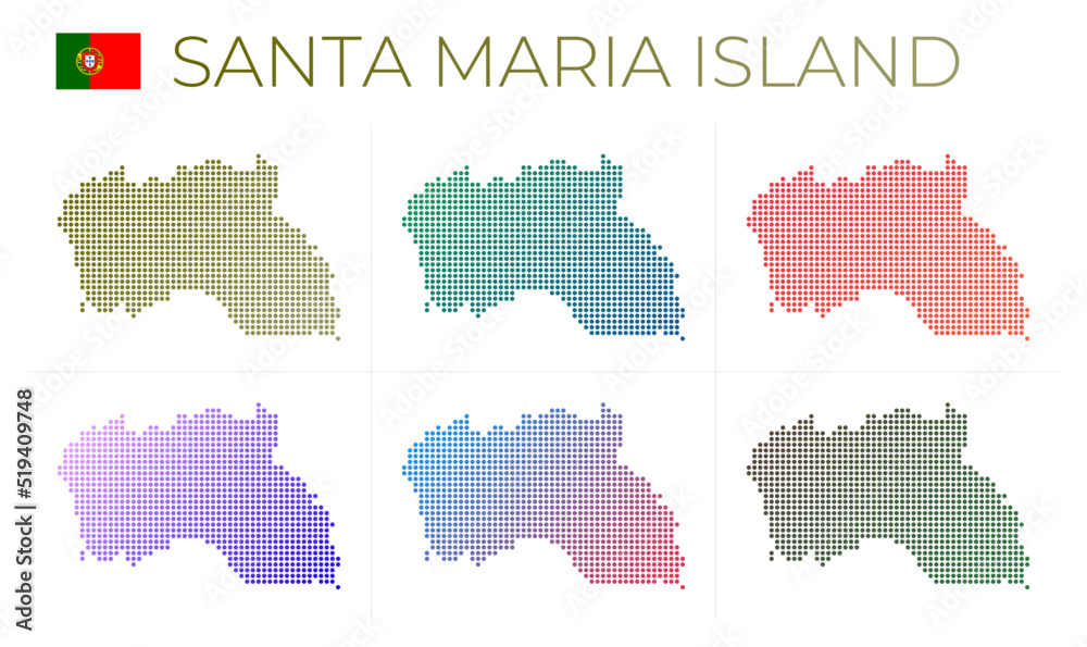 Santa Maria Island dotted map set. Map of Santa Maria Island in dotted style. Borders of the island filled with beautiful smooth gradient circles. Attractive vector illustration.