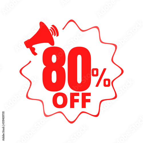 80% percent off(offer), shop now, red and yellow 3D super Megaphone discount sticker, sale. vector illustration, Eighty 