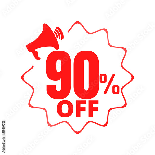 90% percent off(offer), shop now, red and yellow 3D super Megaphone discount sticker, sale. vector illustration, Ninety 