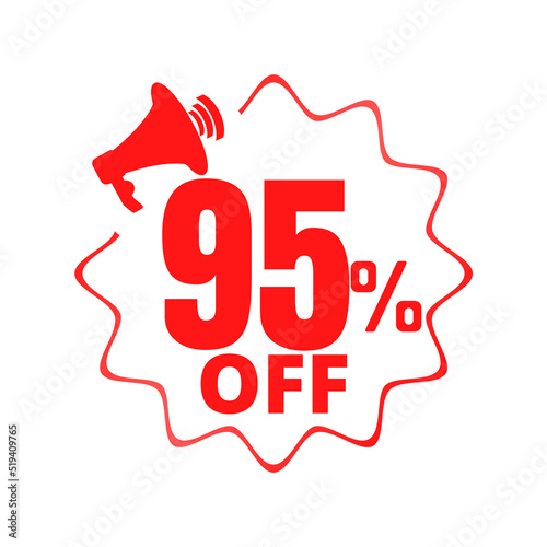 95% percent off(offer), shop now, red and yellow 3D super Megaphone discount sticker, sale. vector illustration, Ninety five 