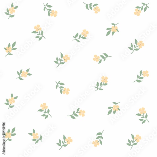 Cute floral seamless pattern. Set of tiny abstract isolated yellow flowers with green leaves on the white background.  © Shakhnoza