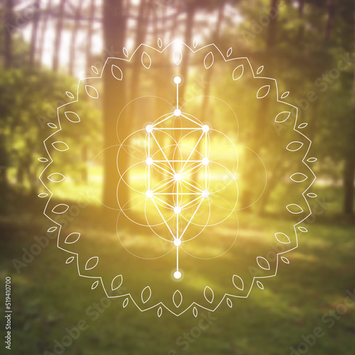 Flower of life sacred geometry zentangle inspired design template with oriental tribal ornaments. Ornamental new age art.